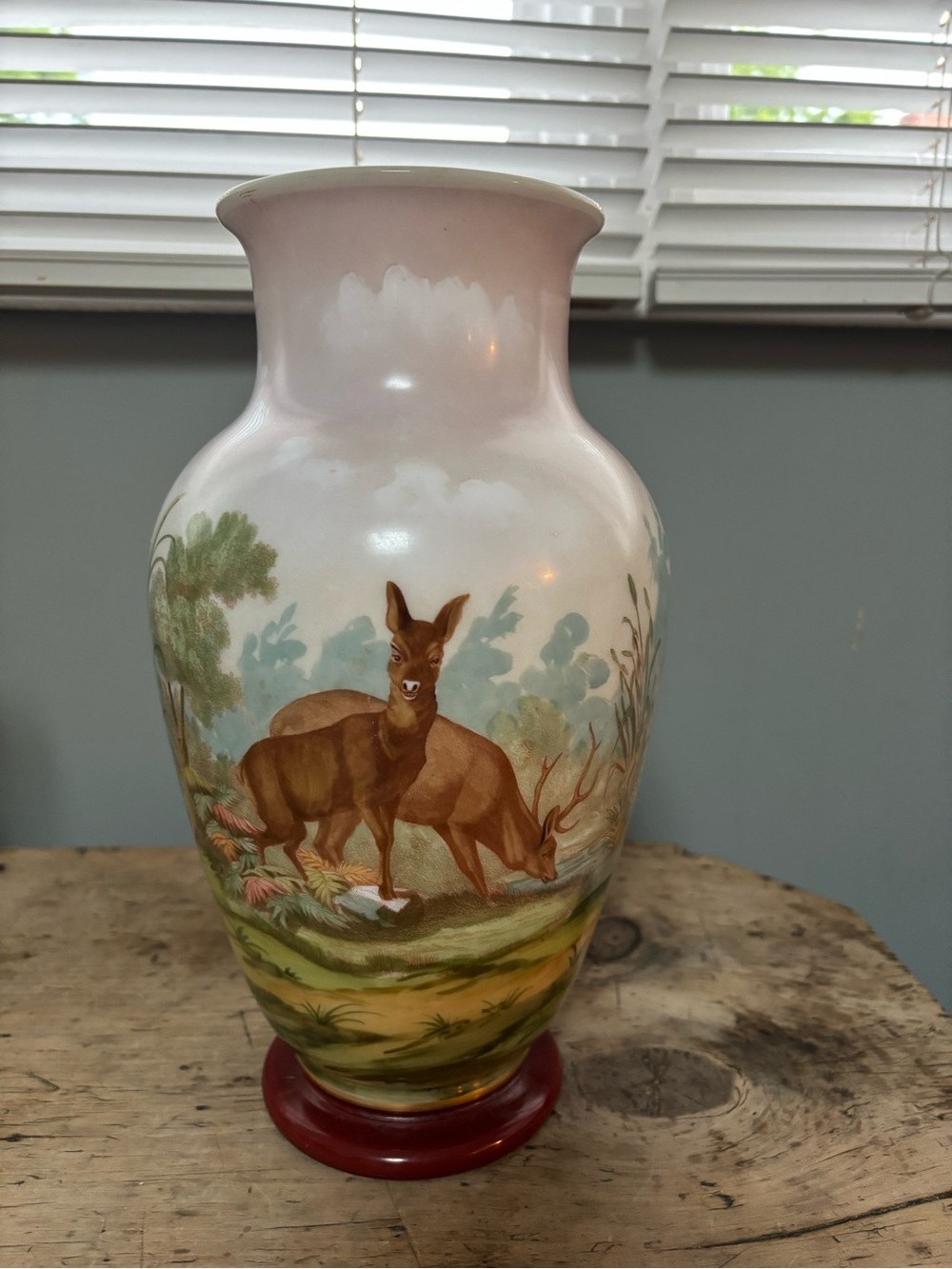 Antique Glass Porcelain Vase with Brown Deer and Soft Colored Landscape. 12”